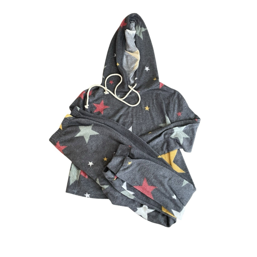 e. Luna Cozy Hoodie/Jogger Loungewear Set Gray With Multi Color Stars Size S